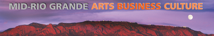 Image of mountains with text above that reads "Mid-Rio Grande Arts Business Culture" in grey and orange font. 