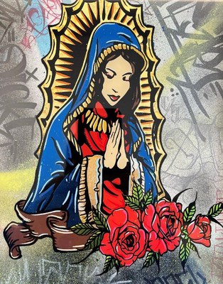 Mixed media image of Our Lady of Guadalupe.
