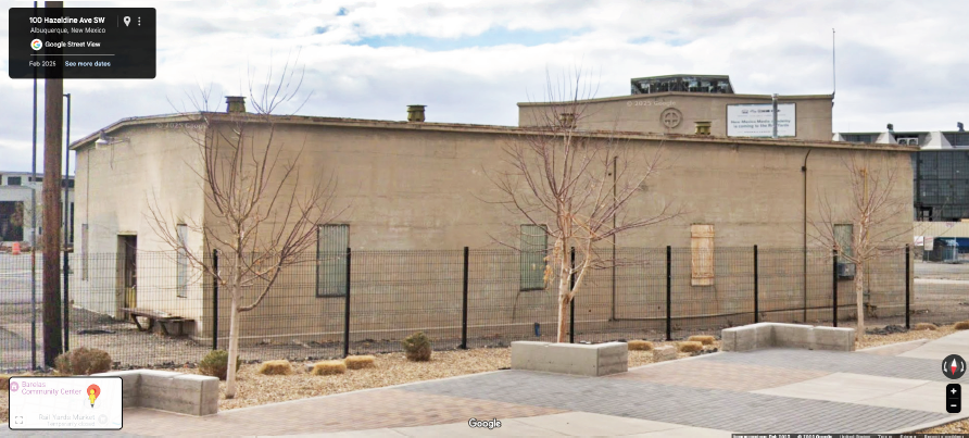 Blank wall of Pattern House building at Rail Yards. 