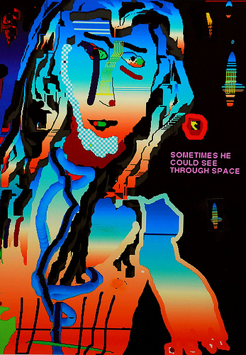 Computer illustrated portrait of a figure in multiple colors. 