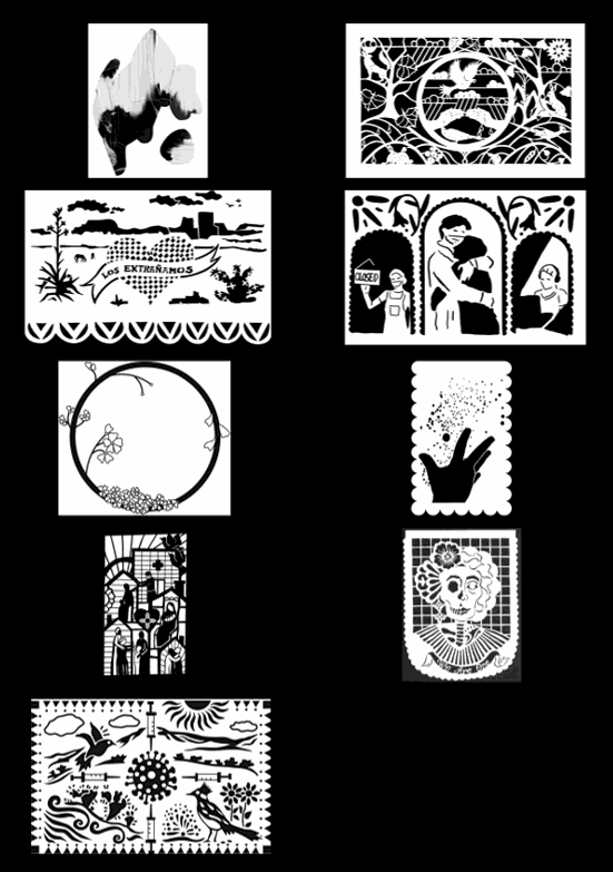 Image of the black and white paper flag designs by Lauren Smith, Diane Palley, Bette Yozell, Celine Gordon, Jakia Fuller, Emma Eckert, Kate Coucke, Manuel Hernandez, and Susan Roden against a black background.