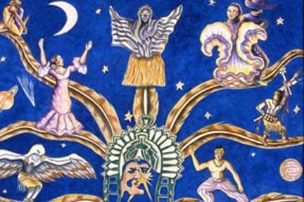 A close-up crop of an artwork with a deep blue background and various human figures singing and dancing in costumes.