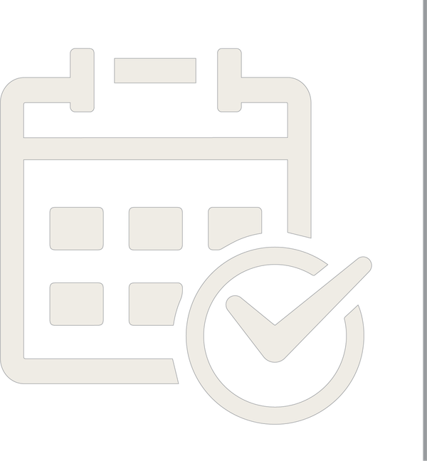An icon of a calendar that has a circle with a check mark over the bottom right corner and a grey divider line to the right.