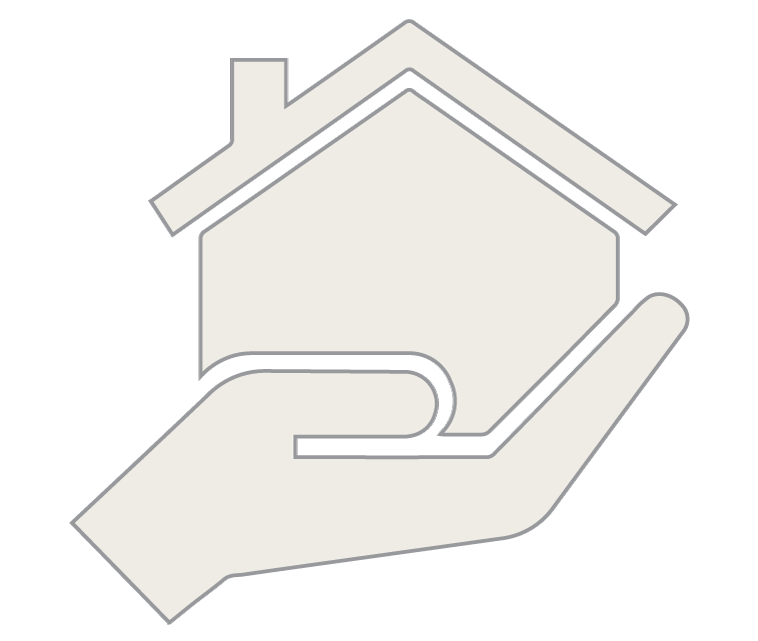 A simple illustration of an outstretched hand in profile holding a small house.