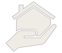 A simple illustration of an outstretched hand in profile holding a small house.