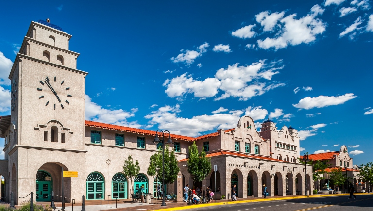 A photo of an Albuquerque street downtown taken from the curb.