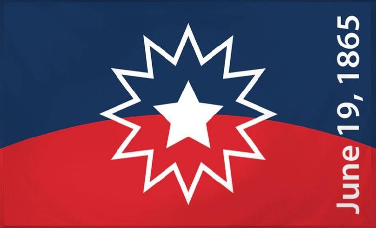 A graphic with the Juneteenth flag (a split blue and red design with a star motif in the middle).
