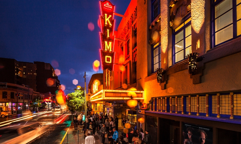 The KiMo Theatre at night.