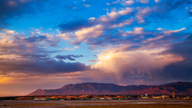 A photo of the Sandias behind the Sunport.