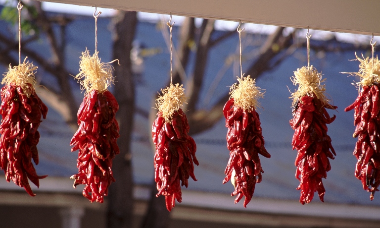 Six hanging red chile ristras.