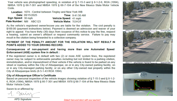 Example Citation Body Image of the Albuquerque Automated Speed Enforcement citation body with images of vehicle, plate, ordinances under which the program operates and the signature of the officer who issued the citation based on their review of the incident.