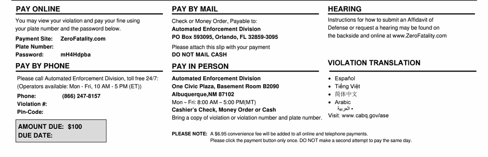 Image of the instructions listed at the bottom of City of Albuquerque Automated Speed Enforcement Citations.