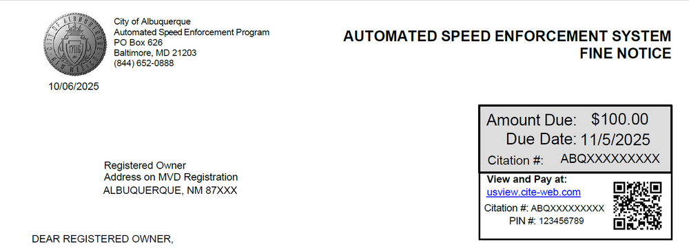 Citation Mailing Address Example An image displaying the address and seal at the top of all Albuquerque ASE violations.