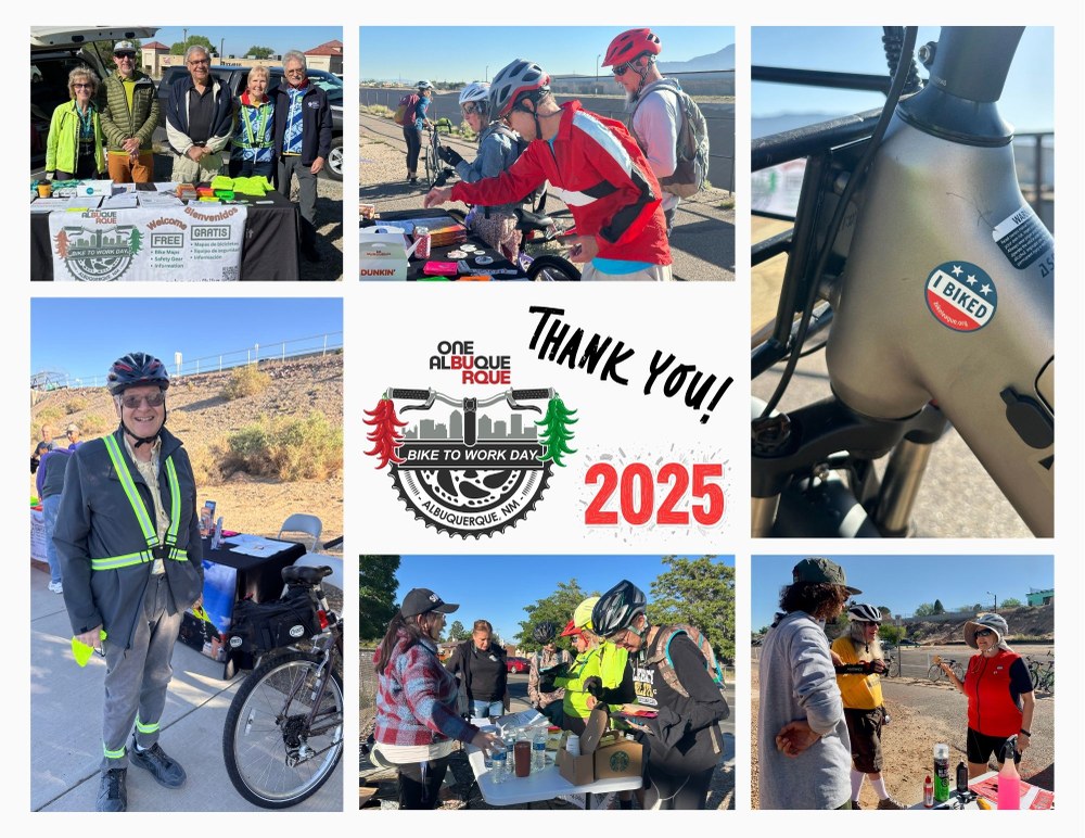 A photo collage from the May 2025 Bike to Work Day event showing participants of all ages at a variety of pop-up table locations.