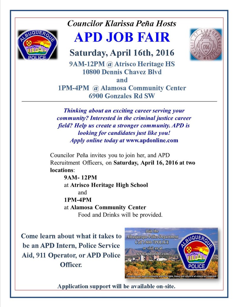Councilor Klarissa Peña Hosts Albuquerque Police Job Fair on April 16 Councilor Klarissa Peña Hosts Albuquerque Police Job Fair on April 16