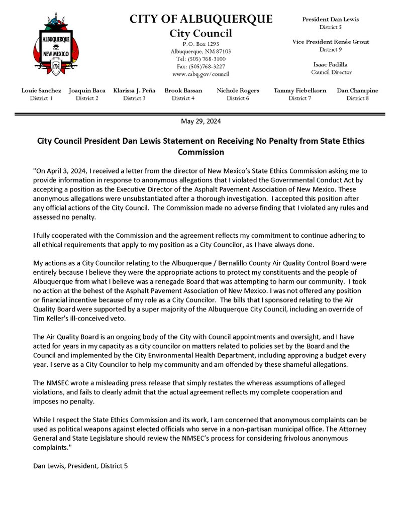 City Council President Dan Lewis' Statement On No Penalty By The State Ethics Commission City Council President Dan Lewis' Statement On No Penalty By The State Ethics Commission