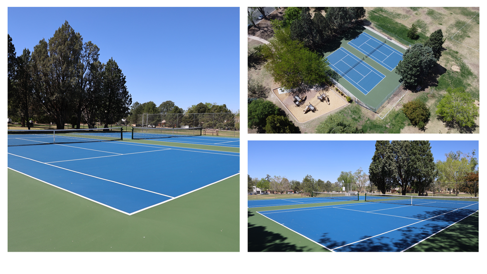 Three aerial photographs of Altura Park tennis courts fresh, new surface.