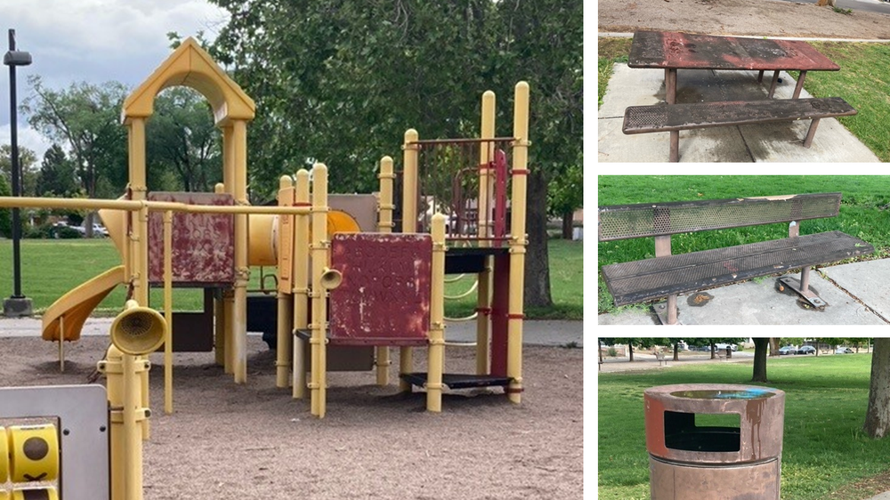 Photo depicting the aged and worn condition of the park benches, trash receptacles, and playground structures at Grisham Park.