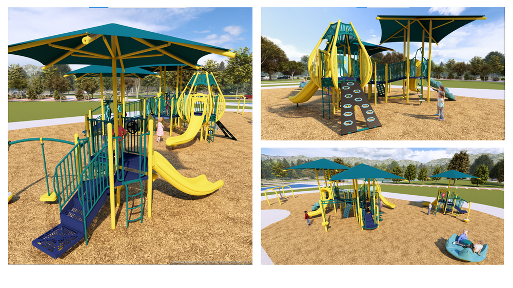 Collage with three digital renderings of the planned renovations to Grisham Park, depicting new playground surface. picnic tabes and equipment, with children playing.