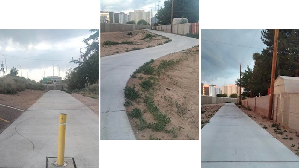 Image of the Tom Bolack Trail extension June 2025 after new concrete path was installed where trash and debris once were.