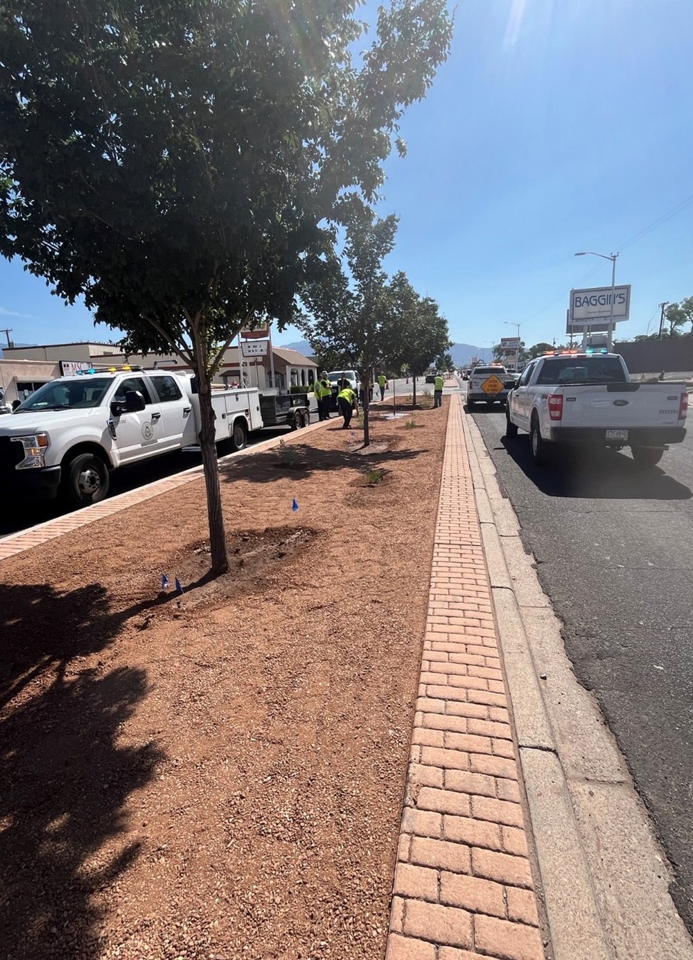 Photograph showing workers prepare a median for improvements