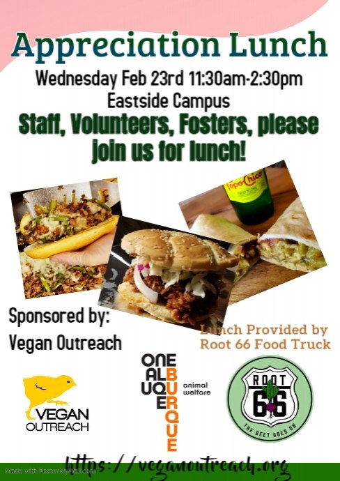 Free Vegan Lunch to Animal Welfare Staff, Volunteers, and General Public Free Vegan Lunch to Animal Welfare Staff, Volunteers, and General Public