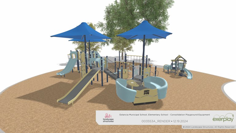 Graphic photo of new playground equipment (swings, slides, climbing structures) coming to Santa Fe Village Park