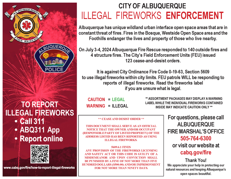 Albuquerque Fire Marshall's Office Launches Illegal Fireworks Education Effort and Operation