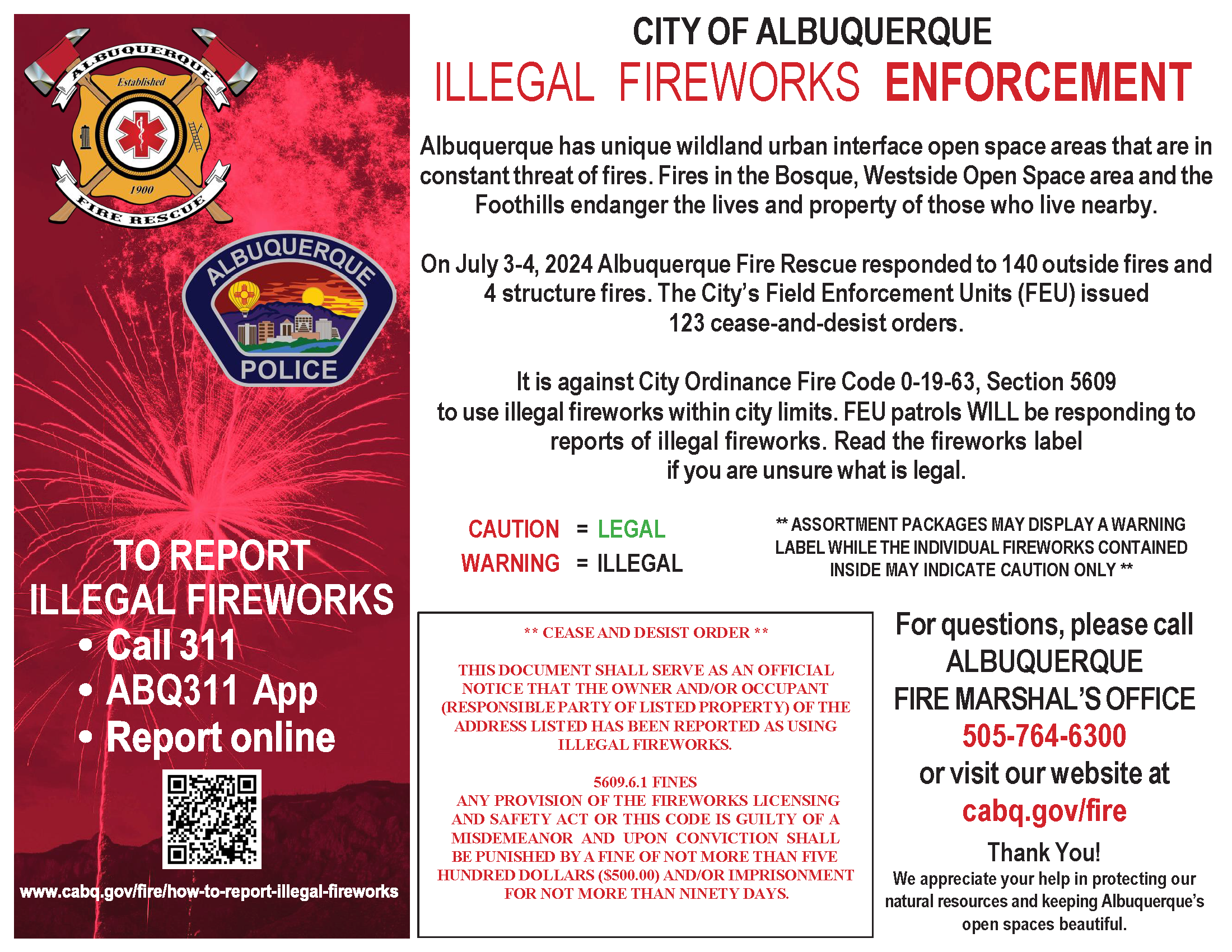 Albuquerque Fire Marshall's Office Launches Illegal Fireworks Education Effort and Operation