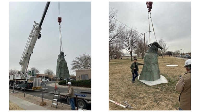 Crews install bronze statue of a Mountain Lion - "Stalking Her Prey" by Sculptor Sonny Rivera