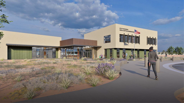 Architectural rendering of the front entry to the planned Cibola Loop Multigenerational Center