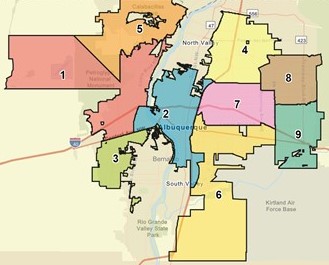 Map of the City of Albuquerque with Council District 1-9 with district boundaries