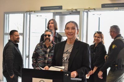 City Councilor Klarissa Peña speaking at the launch of Duke City Leadership Lowrider Bike Club at the old Westgate Community Center on March 1, 2023.