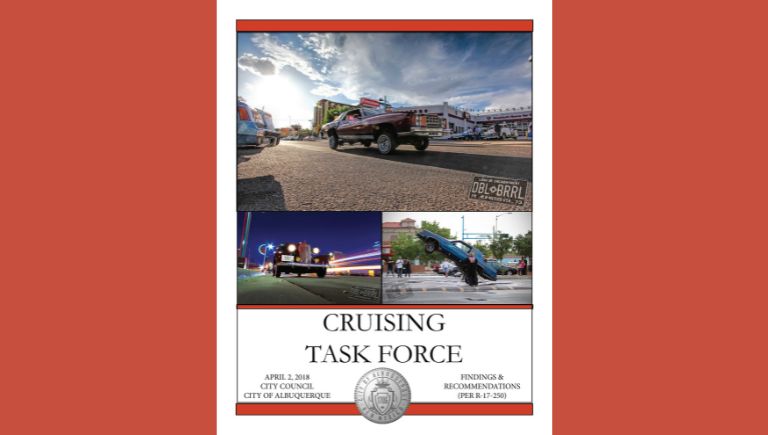 A graphic with two images of of car wheels and text April 2018 Cruising Task Force Report findings and recommendations, per R-17-250.