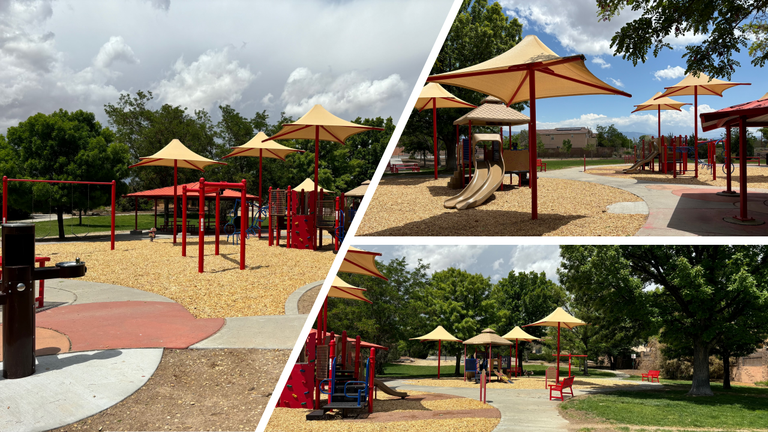 A picture of Laurelwood Park's new playground, with shaded, refurbished outdoor play surfaces, new climbing structures, slides and water fountain.