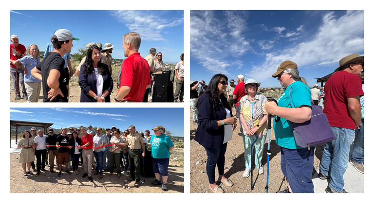  District 9 City Councilor Renée Grout, Mayor Tim Keller, and Bernalillo County District 5 Commissioner Eric Olivas greet attendees at the grand opening of the Route 66 Open Space.