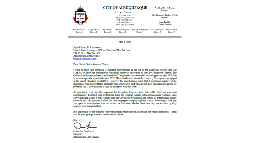 Photo of Councilor Dan Lewis' May 6, 2025 Letter to the U.S. Attorney for NM 