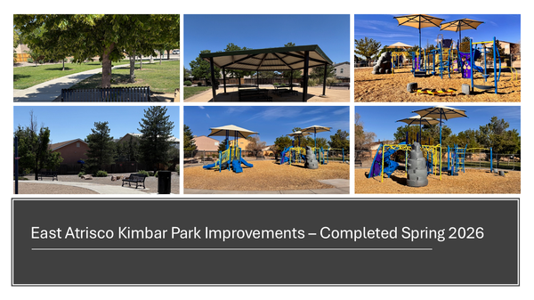 Images of East Atrisco Kimbar Park's new lighting, trash receptacles and park benches, playground structures, and play surfaces.
