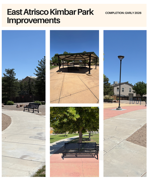The East Atrisco Kimbar Park improvements are underway! The park has refreshed lighting, new picnic tables, new park benches, and the plastic trash cans have been replaced with new, permanent receptacles. The playground updates will be completed in early 2026.