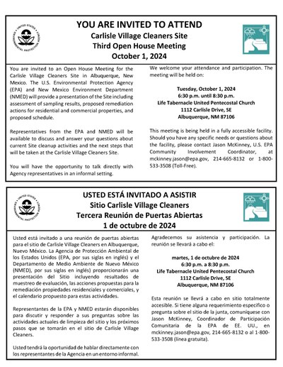 Flyer for public meeting regarding the Carlisle Cleaners superfund site on October 1, 2024, in English and Spanish.