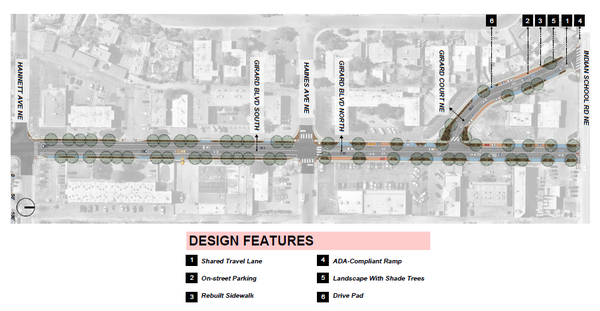 Rendering of design improvements for Girard Blvd; depicts trees, sidewalk and ADA compliance plans