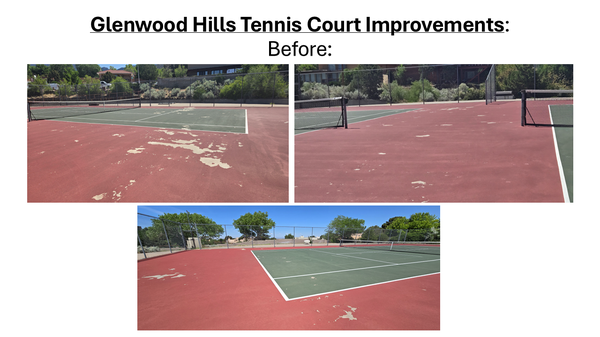 Photo of the Glenwood Hills Tennis Courts in Council District 8 before improvements. Shows worn surfaces, with bare spots and stripes fading.