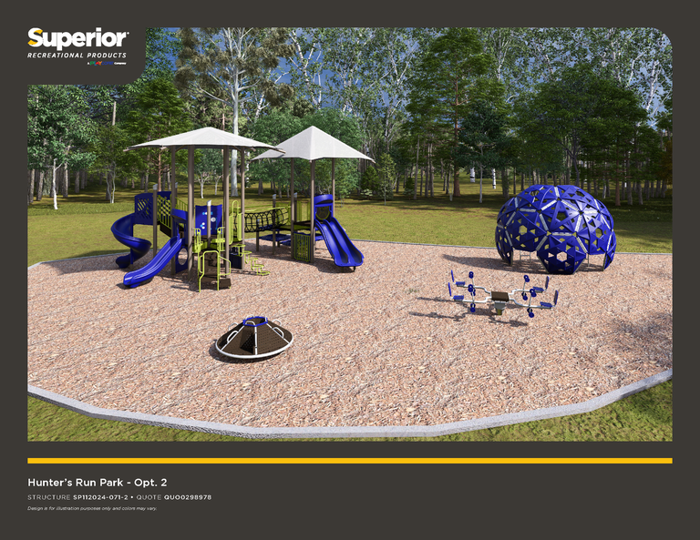 Digital rendering of the planned new playground structures to be installed at Hunter's Ridge Park. Photo shows playground equipment with sunshade, slides and climbing structures, seating and wood fiber playground surface.