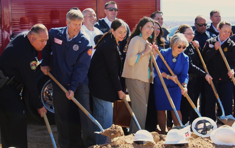 Front line from left: AFR Cdr. Rene Barraza, Mayor Tim Keller, City Councilor for District 3 Klarissa Pena, Sen. Linda Lopez State Dist. 11, ACS Director Mariela Ruiz-Angel, Gov. Michelle Lujan Grisham, APD Deputy Cdr. Cecily Barken