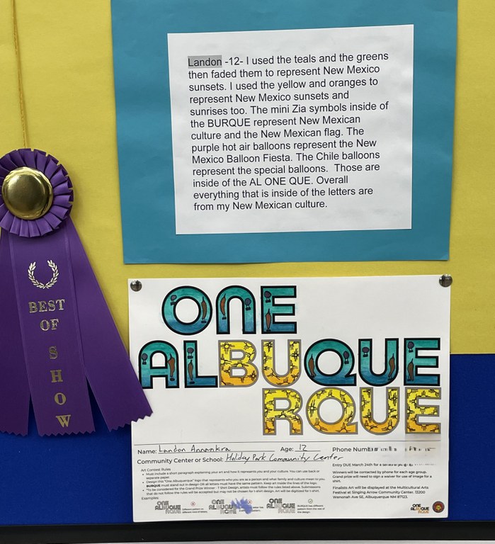 2025 Multicutural Arts Festival 'OneAlbuquerque' Design Winner - Landon Annanka's winning 'OneAlbuquerque' design features teal, green, yellow and orange hues within the 'One Albuquerque' Logo.