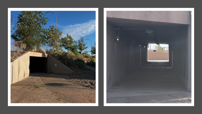 Before and after photos of the tunnel showing rehabilitation. Before shows dark, dirty entrance to the tunnel. The after photos show the tunnel rehabilitated with additional, improved lighting throughout the length of the tunnel.