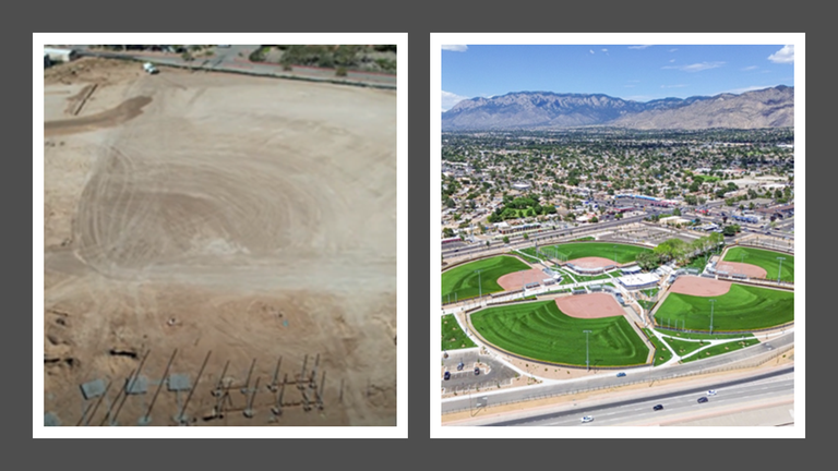 Photo displays two images of the Phase 1 Los Altos Park softball field installation, the first shows the construction beginning, the second shows the five field complex completed.