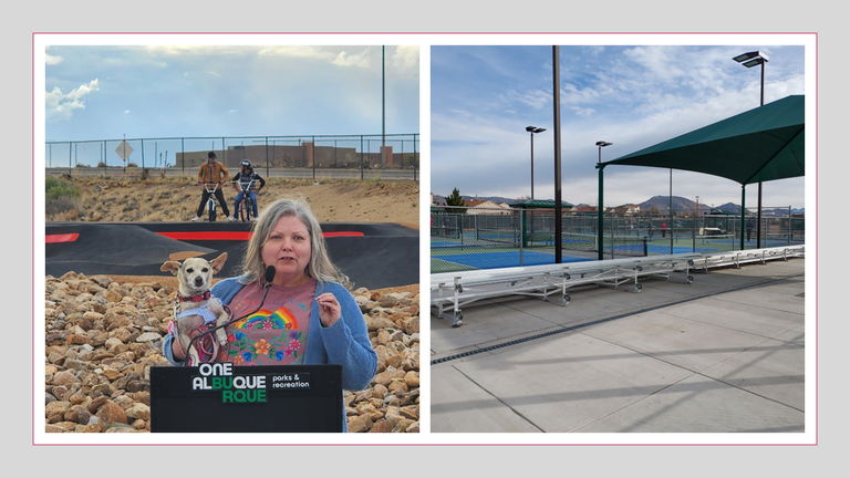 Left Image: Councilor Tammy Fiebelkorn and her companion animal announce Phase 2 dog park and BMX Pump Track; Right Image: Newly Built tennis facility at Los Altos.
