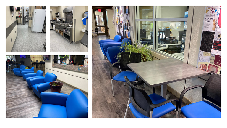 Photo shows the Los Volcanes Senior Center improvements: a mini split in the kitchen, new furniture in the Lobby, reupholstered chairs, Resurfaced flooring.