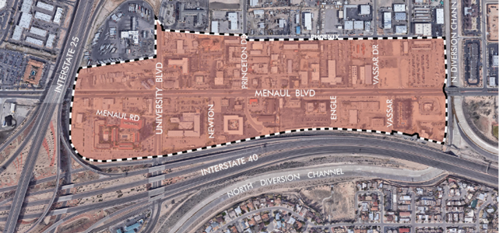 Aerial photo with designated boundaries for the Menaul Metropolitan Redevelopment Area.